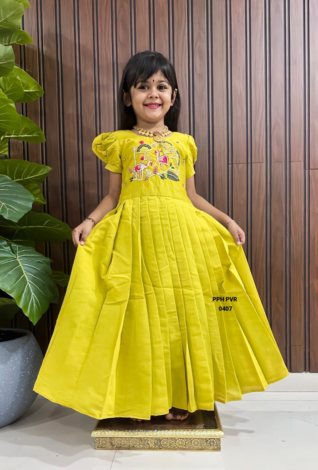 Girls Mustard Yellow Embroidered Pleated Gown Dress